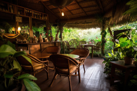 Wooden table and chairs in a coffee shop in the jungle.の素材