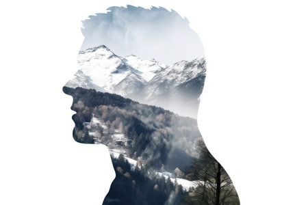 Silhouette of a man combined with a photograph of nature.の素材