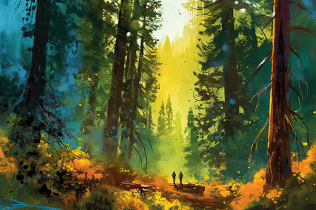 Digital painting of a man and a woman on a trail in the woodsの素材