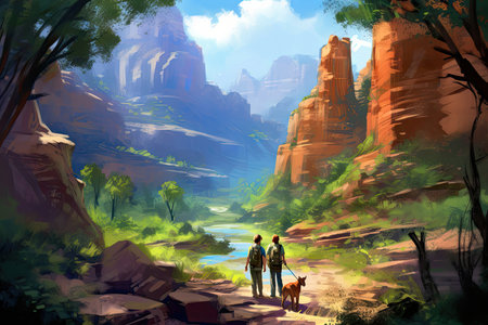 Digital painting of a couple walking with a dog in the mountains.の素材