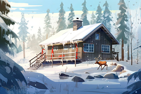 Wooden house in winter forest with reindeer. Vector illustration.の素材