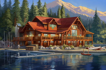 3d rendering of a chalet on the lake in the mountainsの素材