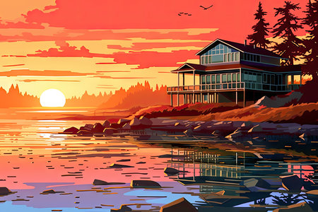 Beautiful sunset on the lake with a wooden house. Vector illustration.の素材