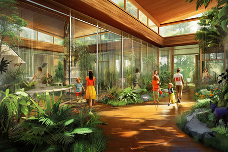 3D render of a greenhouse with plants and people walking in the gardenの素材