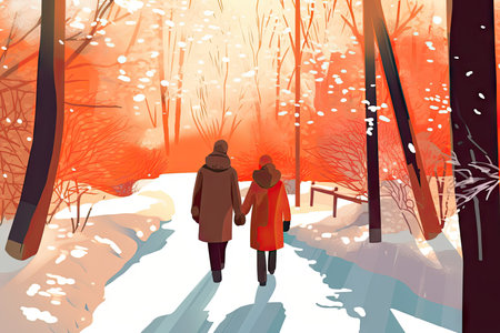 Couple walking in the winter forest. Vector illustration. EPS 10の素材