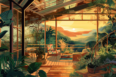 Illustration of a cozy terrace with a view of the mountainsの素材