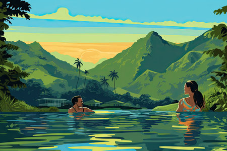 Vector illustration of two young people swimming in a pool in the mountainsの素材