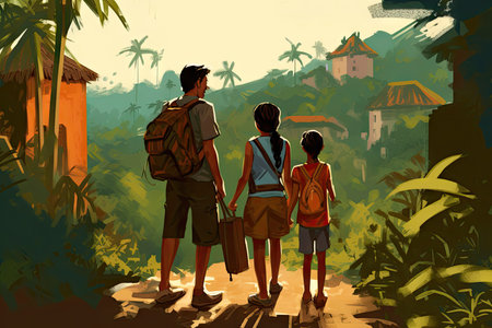 Father and son with backpacks walking in jungle. Vector illustration.の素材