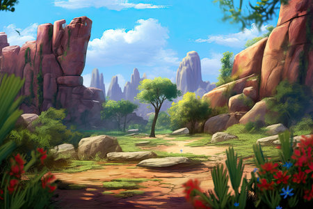 Nature scene with red rocks and green trees - 3d render illustrationの素材