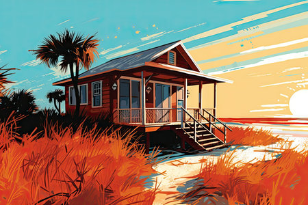 Illustration of a bungalow on the beach at sunset.の素材