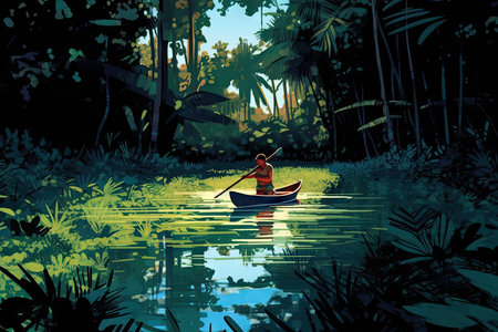 Man paddling in a canoe in the jungle. Vector illustration.の素材
