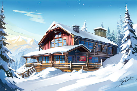 Winter landscape with chalet in the mountains. Vector illustration.の素材