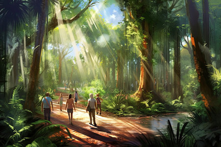 Digital painting of a group of people walking through a tropical forest.の素材