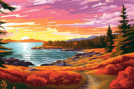 Autumn landscape on the shore of the lake. Vector illustration.の素材