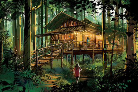 Illustration of a beautiful wooden house in the forest at night.の素材