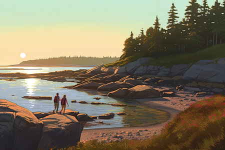 Illustration of a man and a woman on the beach at sunsetの素材