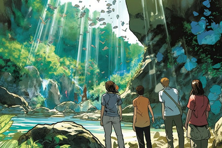 Group of young people looking at the waterfall in the forest. Watercolor illustrationの素材