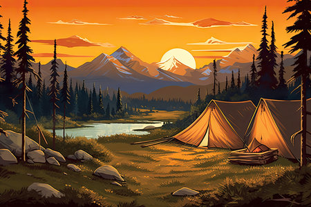 Camping in the mountains. Sunset in the forest. Vector illustrationの素材