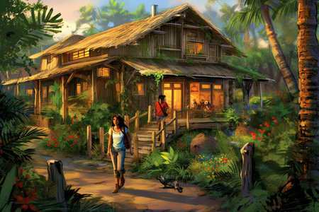Digital painting of a couple walking in a huts in the jungleの素材