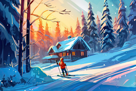 Winter landscape with snow covered house and skis. Vector illustration.の素材