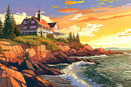 Lighthouse on the seashore at sunset. Vector illustration.の素材