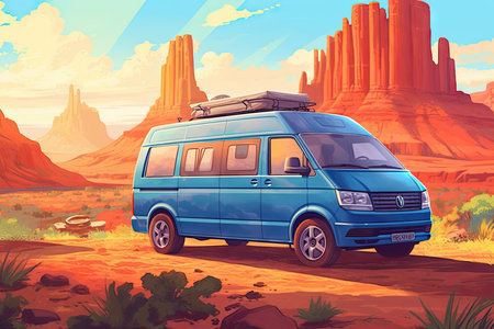 Van on the road in the desert. Cartoon style vector illustration.の素材
