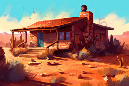 Old wooden house in the desert. Digital painting. Vector illustration.の素材