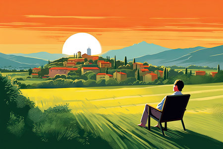 Vector illustration of a man sitting on a chair in front of a panorama of the Tuscan countrysideの素材
