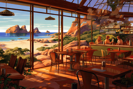 Restaurant on the beach in the mountains. 3D renderingの素材