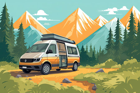 Camper car in the mountains. Vector illustration in flat style.の素材
