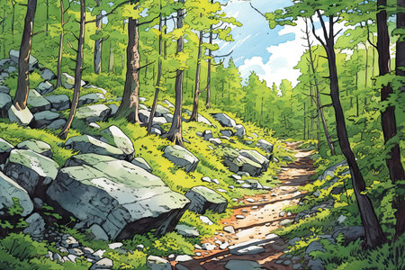 Illustration of a path in the forest with rocks and green grassの素材