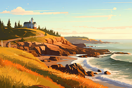 Beautiful seascape with lighthouse on the cliff. Vector illustrationの素材