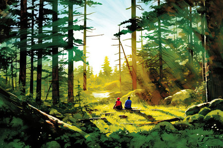 Digital painting of two hikers sitting on a trail in the forest.の素材
