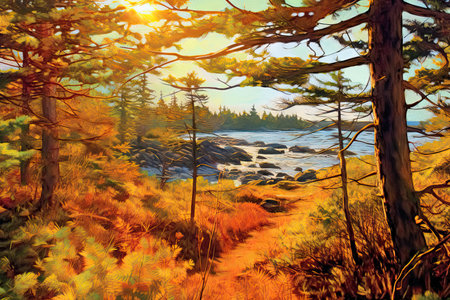 Digital painting of a beautiful landscape in the forest by the sea.の素材