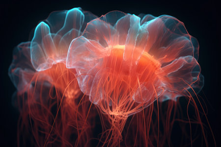 Jellyfish in red and blue light. 3D illustration.の素材