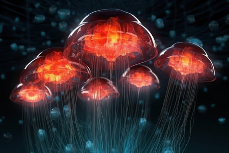 3d illustration of jellyfish over dark background with light effects.の素材