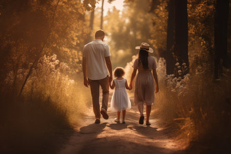 Happy family walking in the forest at sunset. The concept of a happy family.の素材