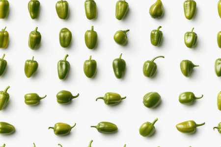 Green peppers on a white background. Flat lay, top view.の素材