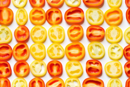 Red and yellow pepper slices on white background. Flat lay, top viewの素材