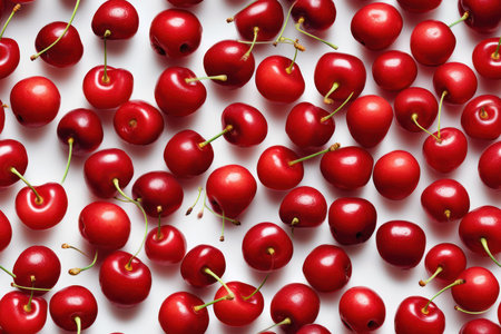 Cherries on a white background. Top view. Flat lay.の素材