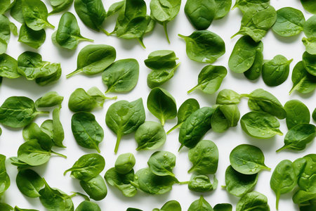Fresh green baby spinach leaves on white background. Flat lay, top viewの素材