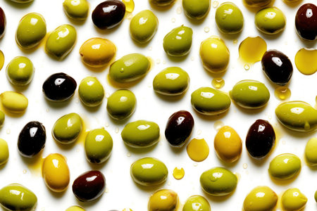 green and brown olives isolated on a white background. top viewの素材