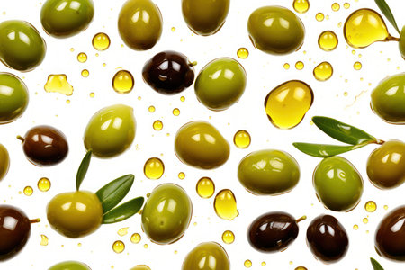 olives and olive oil drops isolated on white background. top viewの素材