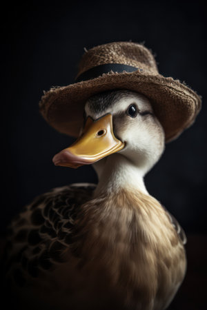 Portrait of a duck in a hat on a black background.の素材