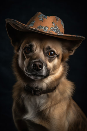 Chihuahua dog in a cowboy hat on a black backgroundの素材