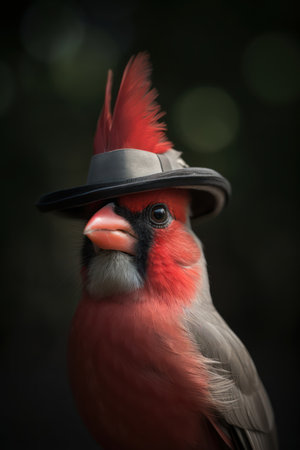 Red cardinal bird wearing a hat on a dark background, closeupの素材