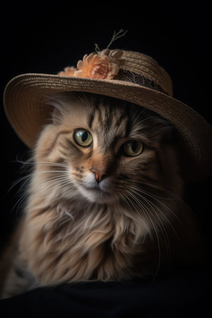 beautiful siberian cat wearing a hat on a black backgroundの素材