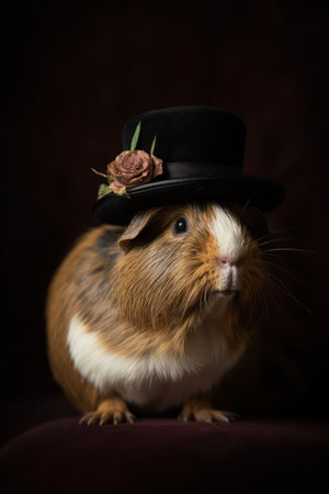 Guinea pig with a black top hat on a dark background.の素材