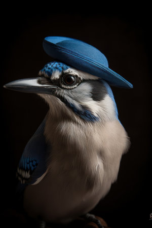 Blue jay in a hat on a black background. Studio shot.の素材