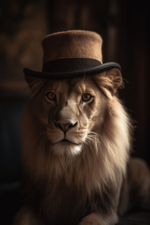 Portrait of a lion in a hat on a dark background.の素材